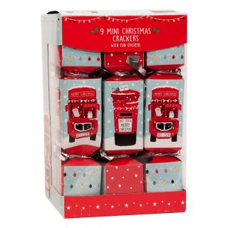 9 Mini Squared Christmas Cracker - Bus & Postbox - with Fun Sticker