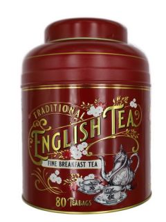 New English Teas - English Breakfast Tea 80 Tea Bags - Vintage Victorian Tin - Dark Red