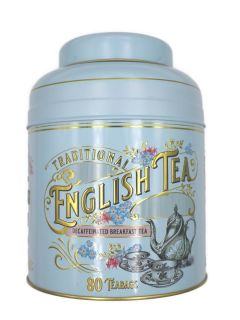 New English Teas - Decaffeinated Breakfast Tea 80 Tea Bags - Vintage Victorian Tin - Dark Red