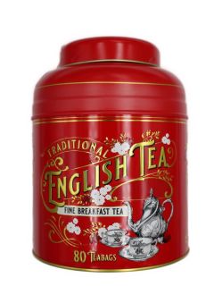 New English Teas - Fine Breakfast Tea 80 Tea Bags - Vintage Victorian Tin - Red