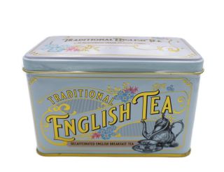 New English Teas - Decaffeinated English Breakfast Tea 40 Tea Bags - Vintage Victorian Tin - Light Blue