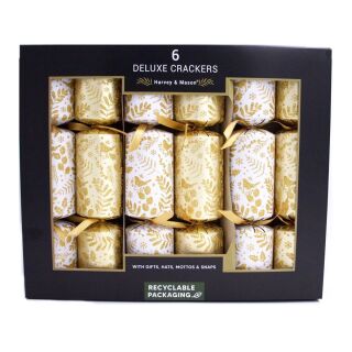 Harvey & Mason - 6 Large Deluxe Christmas Cracker - Glitter Fern - Gold & White
