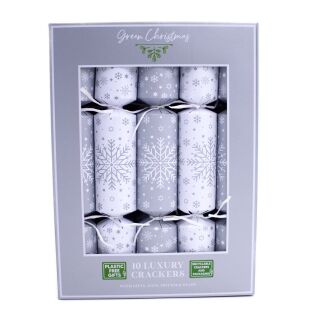 Green Christmas - 10 Large Luxury Eco Christmas Cracker - Silver & White - Snowflakes