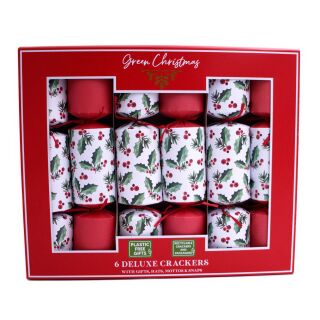 Green Christmas - 6 Large Deluxe Eco Christmas Crackers - Red & White - Holly