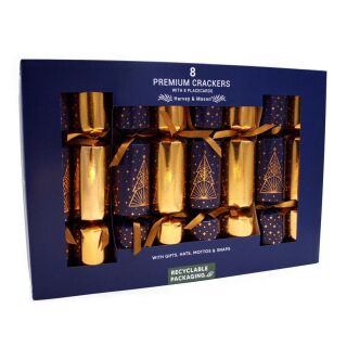 Harvey & Mason - 8 Extra Large Premium Eco Christmas Crackers - Dark Blue & Copper - Midnight Tree