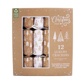 Christmas Time  - 12 Large Luxury Christmas Cracker - Brown & White - Pine Trees