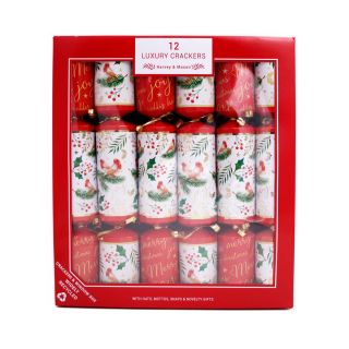 Harvey & Mason - 12 Large Luxury Christmas Cracker - Red & White - Red Robin