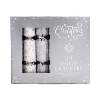 Christmas Time - 24 Party Crackers - Silver & White - Snowflakes