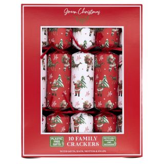 Green Christmas - 10 Family Eco Christmas Crackers - Red & White - Santa