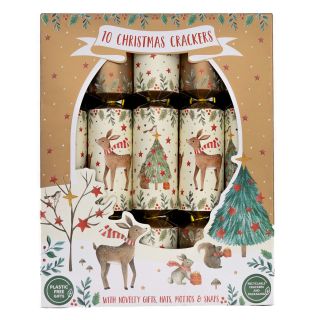 10 Family Eco Christmas Crackers - Brown & Cream - Reindeer