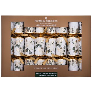 Harvey & Mason - 8 Premium Christmas Crackers - White & Gold - Winter Floral